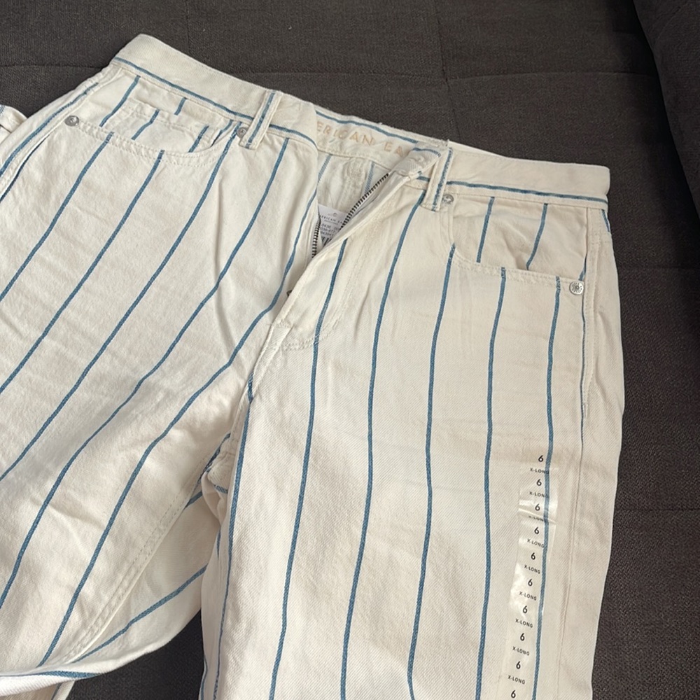 American Eagle Outfitters High-Rise White Jeans with Blue Pinstripes